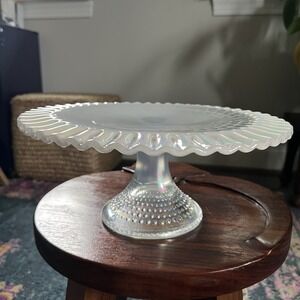 Fenton Art Glass White Opalescent Iridescent Cake Plate Stand 13" 8416 FZ